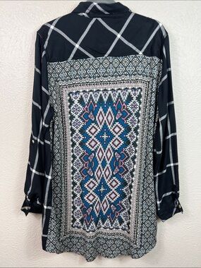 Tolani Black White Plaid Long Sleeve Southwest Back Panel Tunic Mini Dress XL